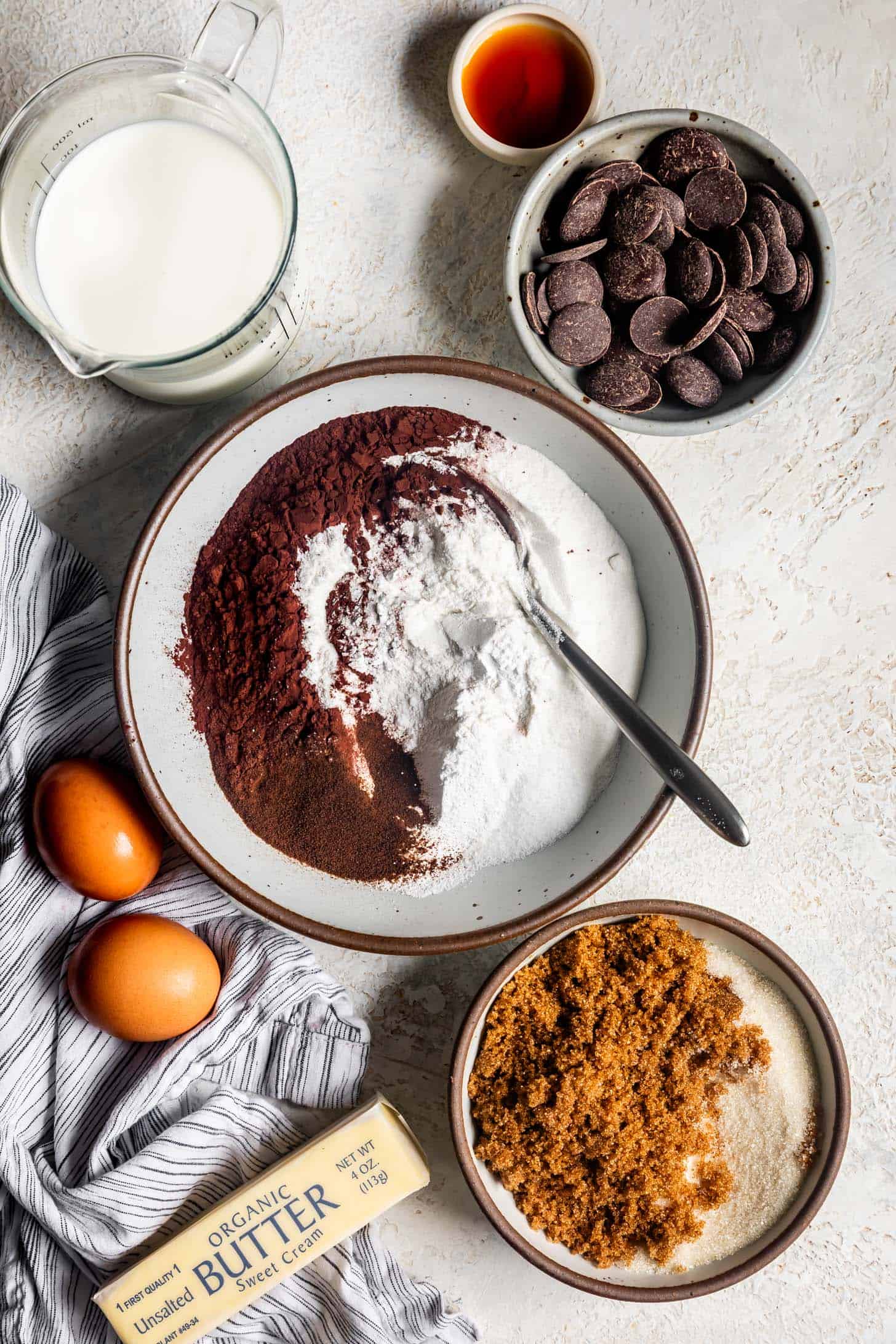 Overhead of ingredients for chocolate mochi brownies