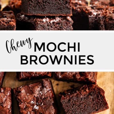 Close-up of Several Chewy Mochi Brownies on Parchment Paper with Cut Side Showing