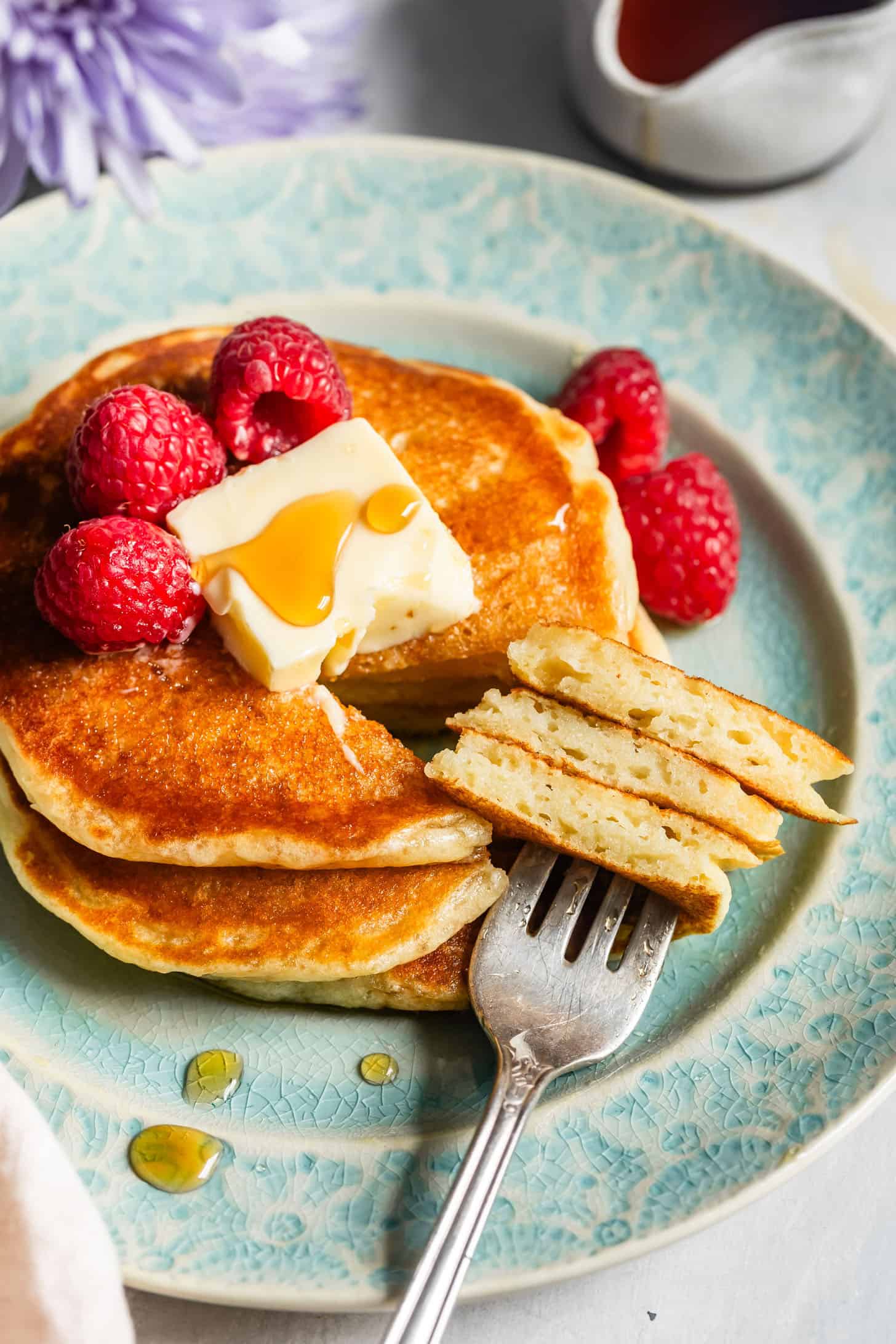 Forkful of a stack of chewy mochi pancakes