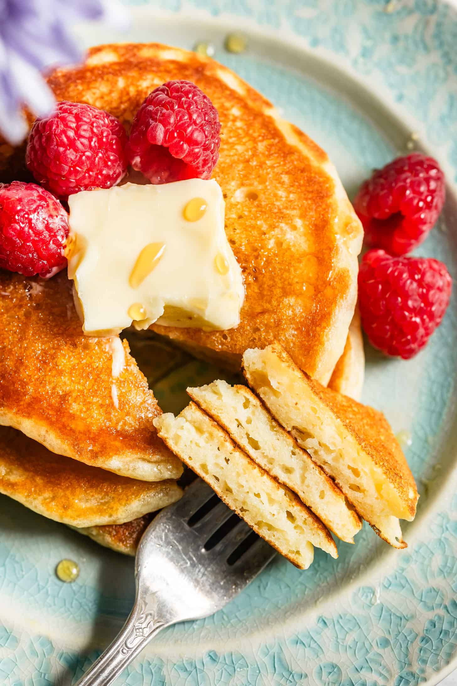 Close-up of inside of chewy mochi pancakes