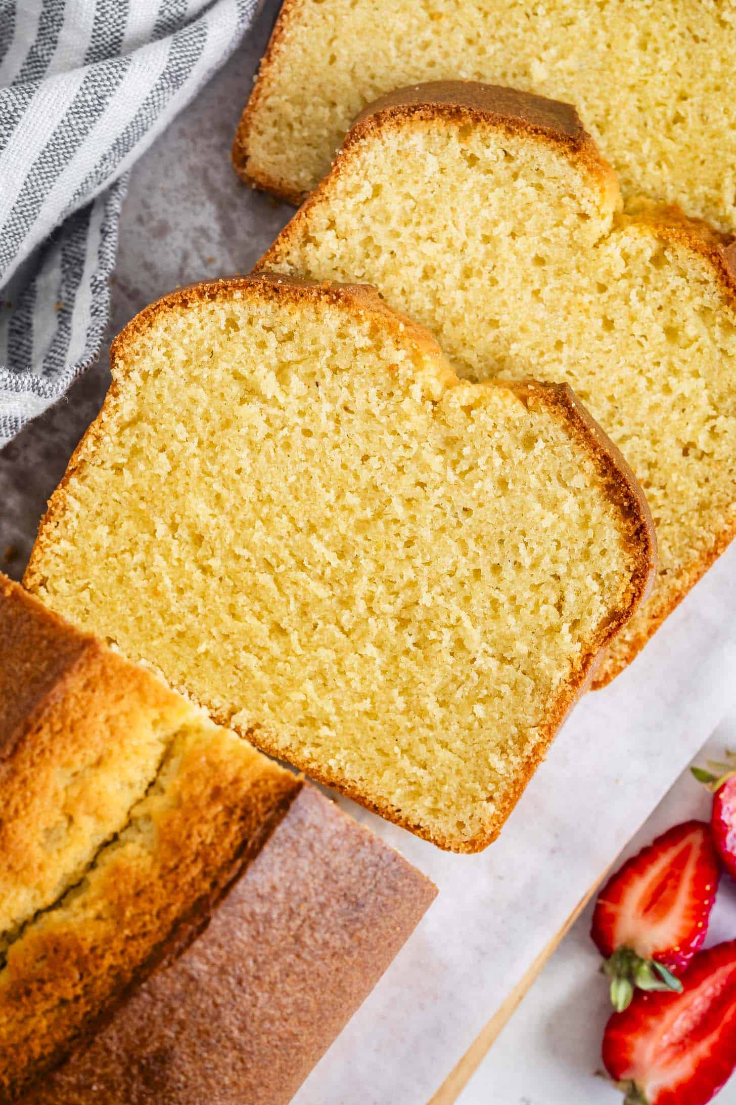 Slices of Almond Flour Gluten-Free Pound Cake Fanned on Cutting Board