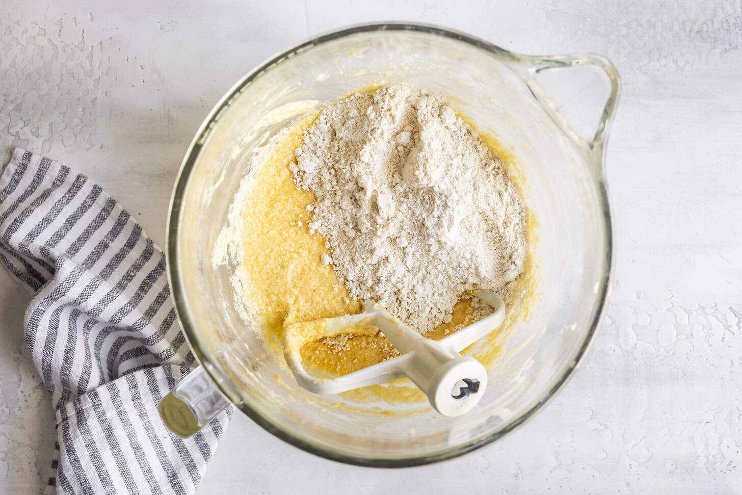 Adding Flour to Gluten-Free Pound Cake Batter in Stand Mixer