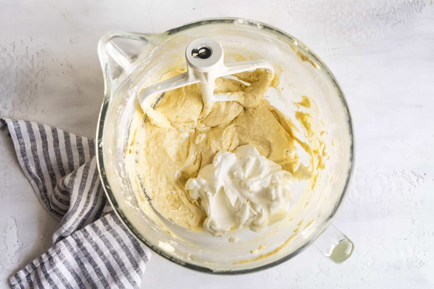 Adding Sour Cream to Pound Cake Batter in Stand Mixer
