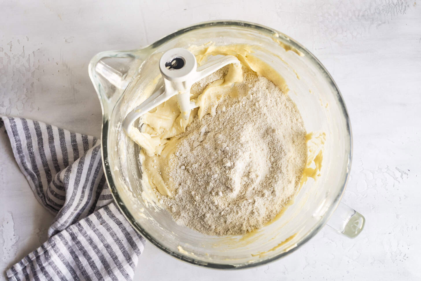 Adding Flour to Gluten-Free Pound Cake Batter in Stand Mixer