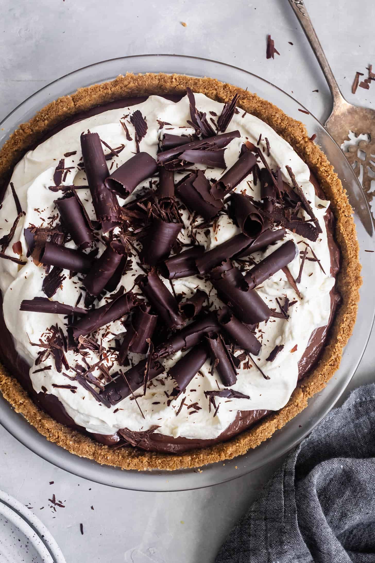 Top of Gluten-Free Chocolate Cream Pie with Whipped Cream and Shaved Chocolate