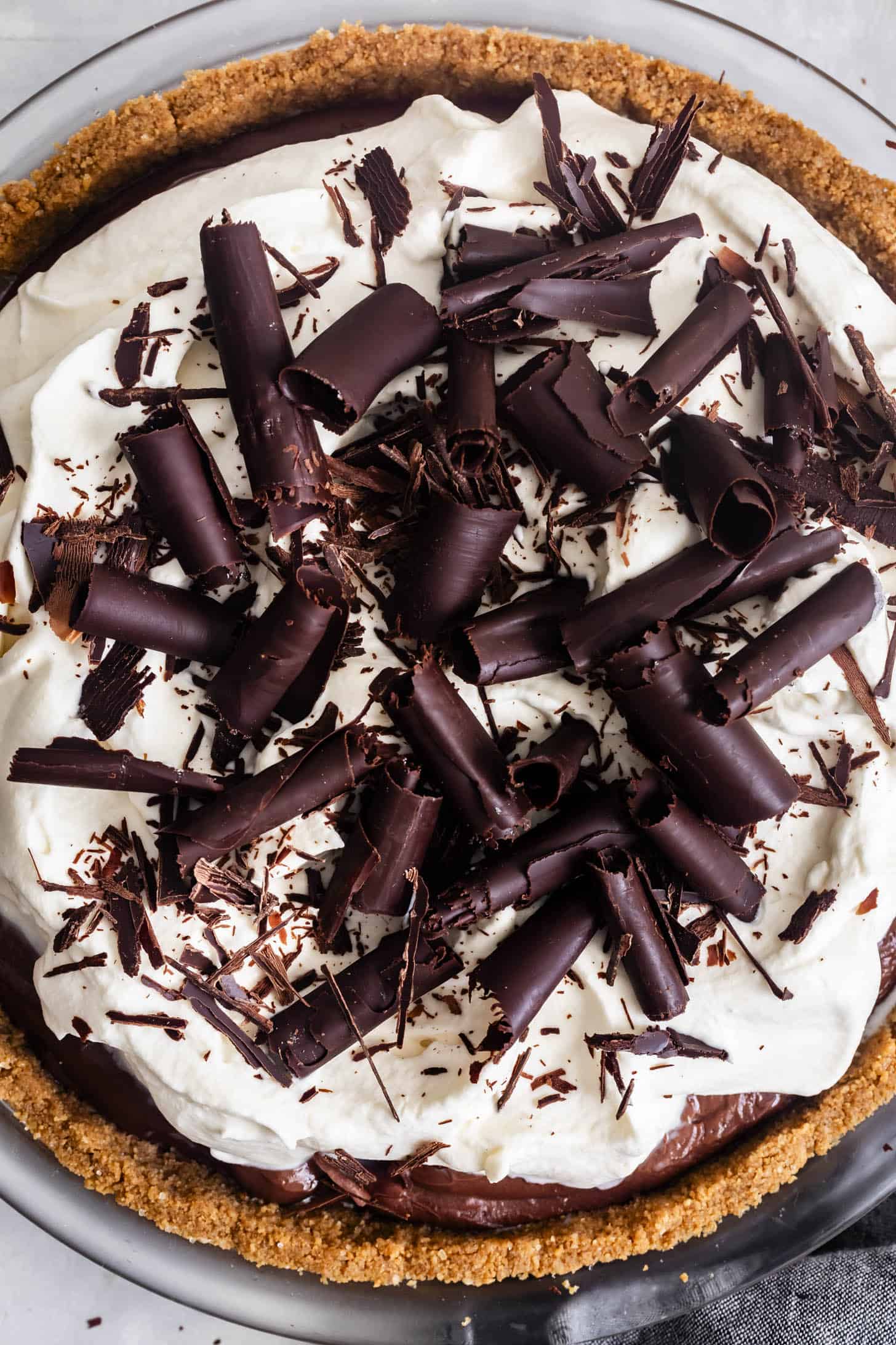 Close-up of Top of Gluten-Free Chocolate Cream Pie with Whipped Cream and Shaved Chocolate