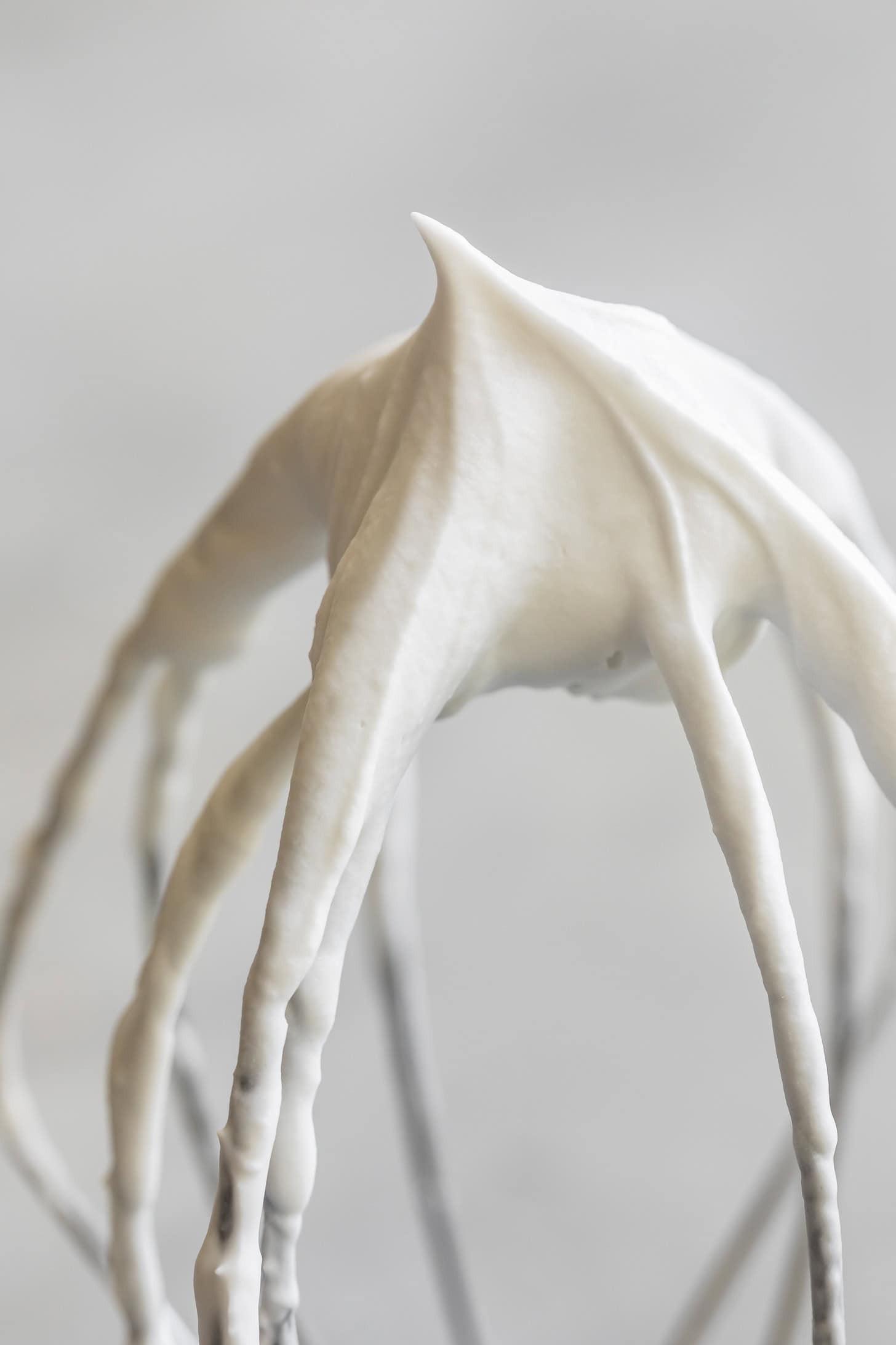 Close-up of whisk with soft peaks of whipped coconut cream