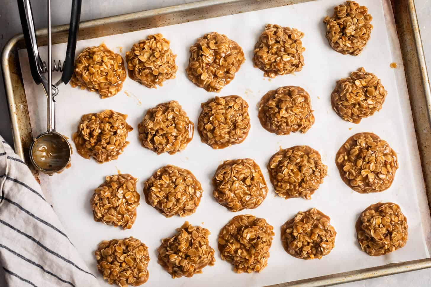 Cooling No Bake Peanut Butter Oatmeal Cookies on Baking Sheet