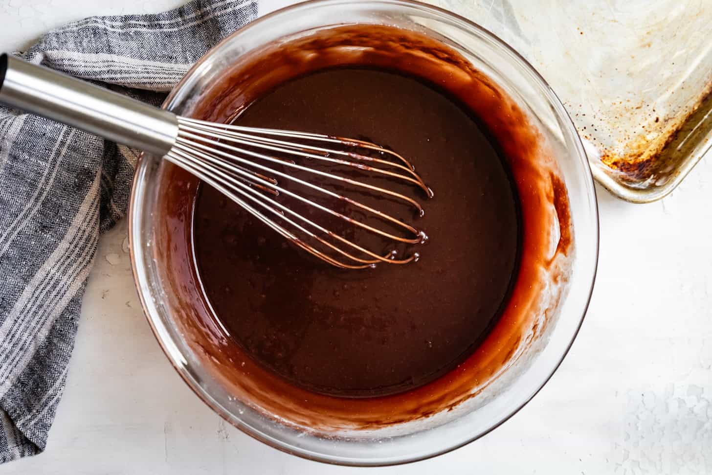 Smooth Whisked Gluten Free Texas Sheet Cake Batter in Glass Bowl