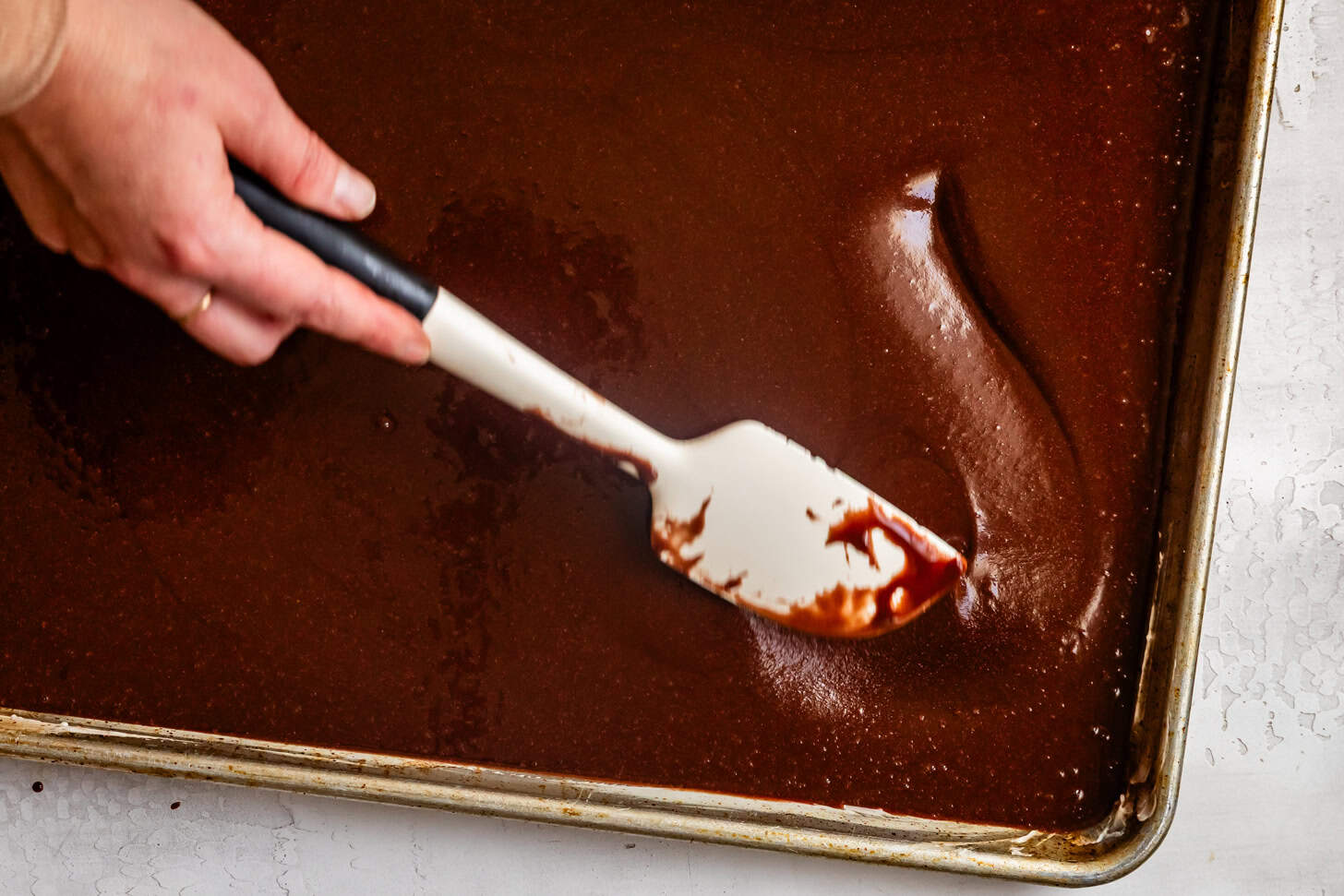 Spreading Chocolate Cake Batter into Pan with Silicone Spatula