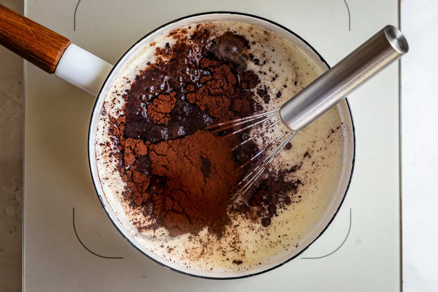 Adding Cocoa Powder Water to Butter White Saucepan Whisk