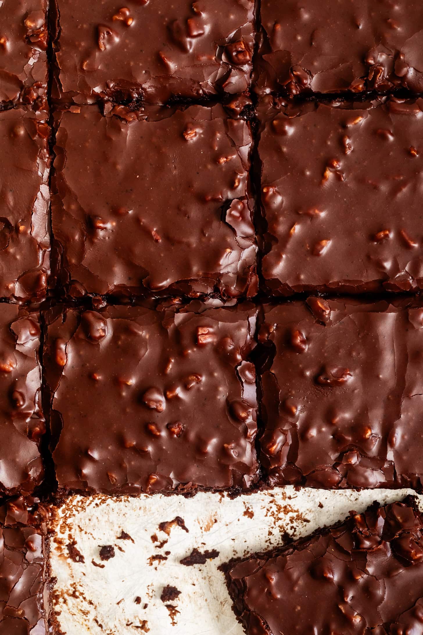 Overhead Gluten-Free Texas Sheet Cake squares topped with shiny, nutty chocolate icing.