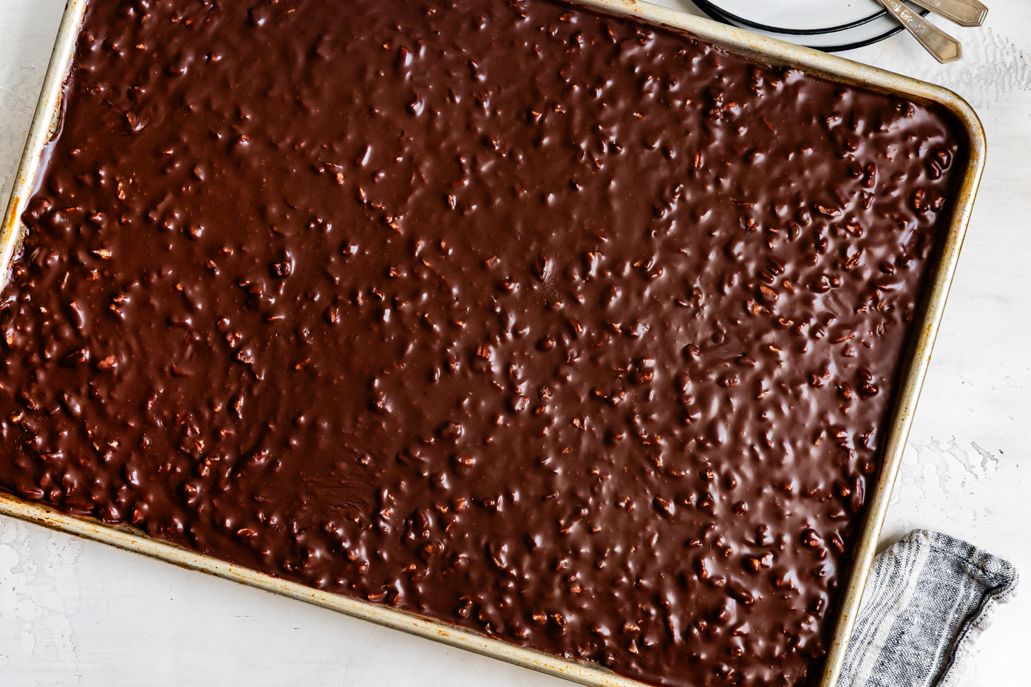 Gluten-Free Texas Sheet Cake in Pan with Fudgy Pecan Chocolate Icing