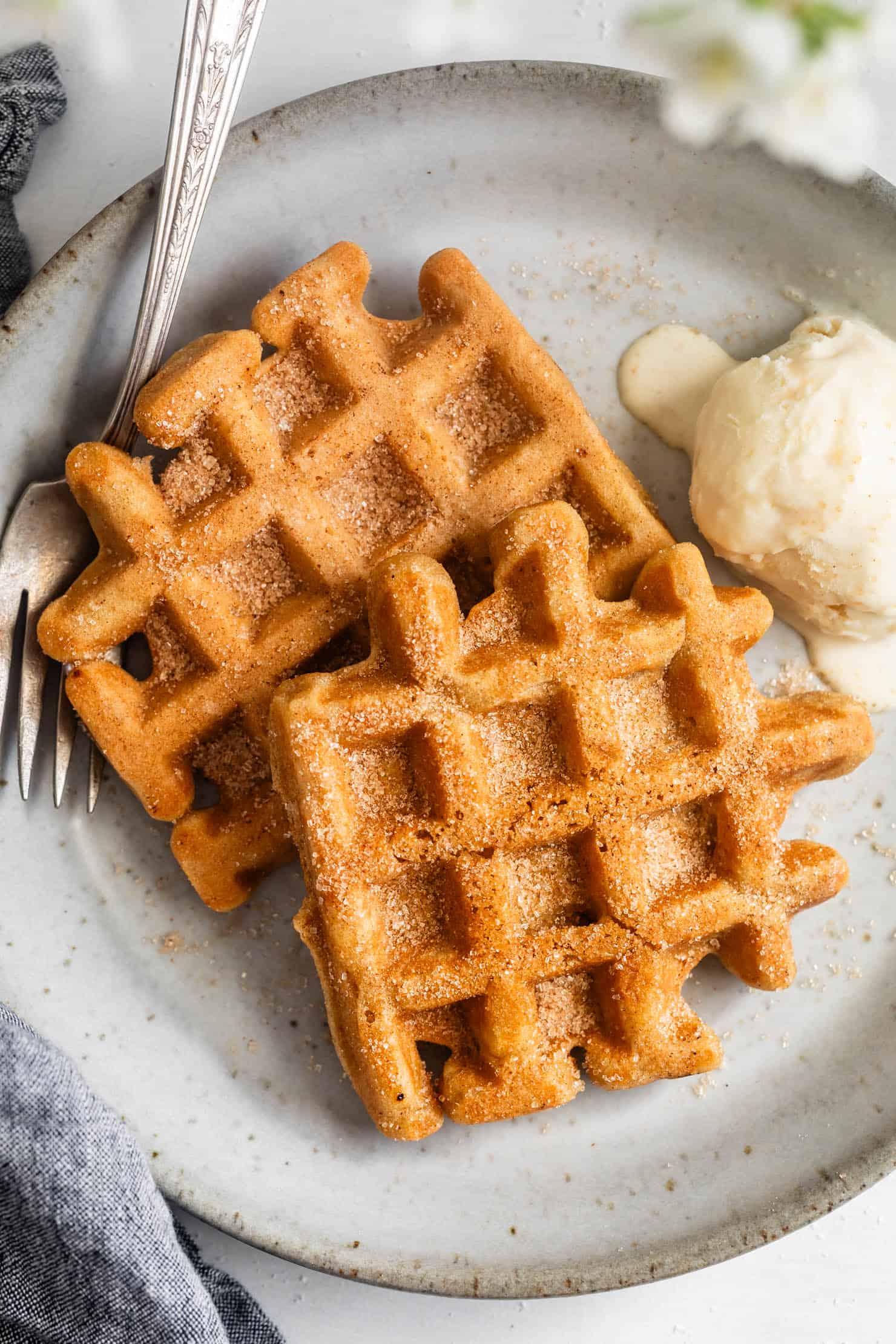 Cinnamon Sugar Mochi Waffles on Plate with Ice Cream