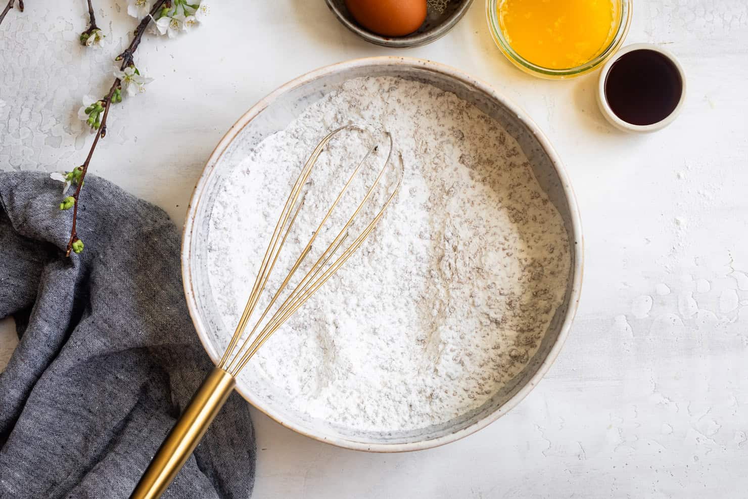 Whisking dry ingredients for mochi waffles